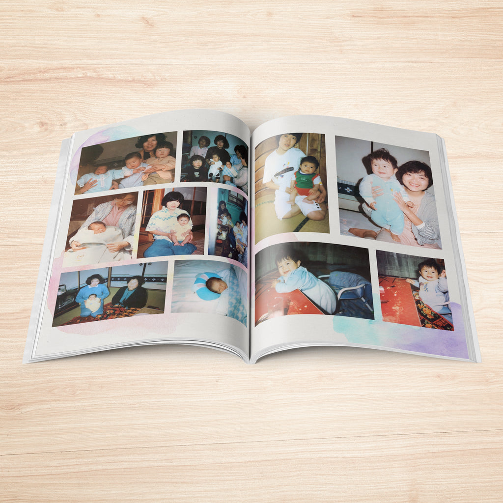マガジンタイプの子育て卒業アルバムの見開きイメージ。生まれたから今までの思い出を1冊に。